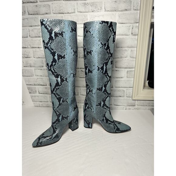 Paris Texas Knee High Blue Python embossed leather boots Block Heel Size 37 - Picture 4 of 12